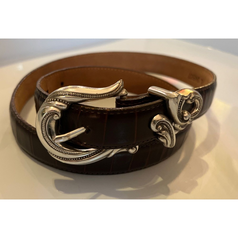 Brighton Ladies L 24507 Croc Alligator Stamp Sz LG  Brown & Silver Leather Belt